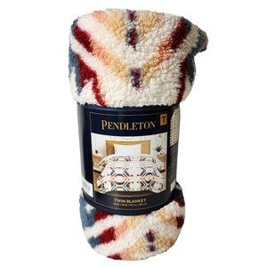 PENDLETON 66x92 Sherpa Fleece Twin Size Throw Blanket in White S Beige Aztec NEW
